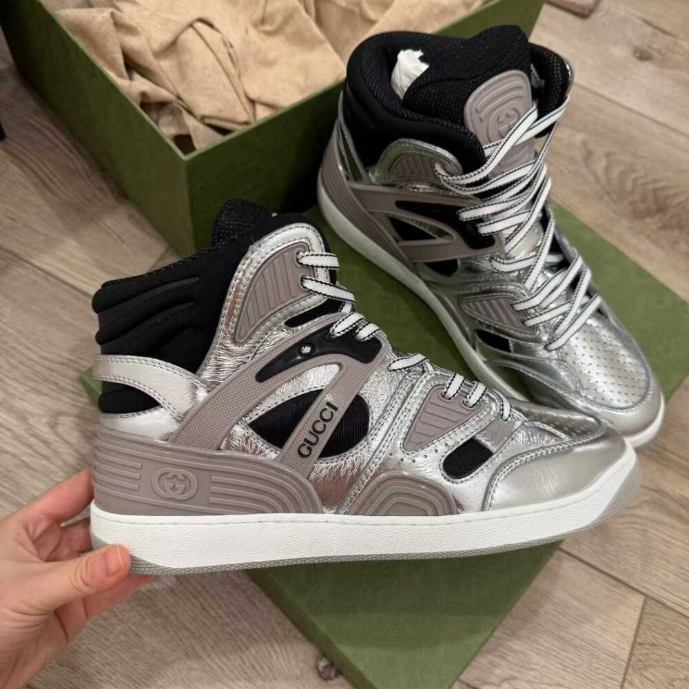 NIB Authentic Gucci Metallic Silver High-Top Sneakers